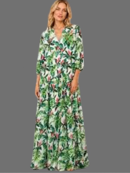 J. McLaughlin Dresses & Skirts - New J. McLaughlin Cunningham Green Tropical-Print V-Neck Maxi Dress Ruffle Hem L